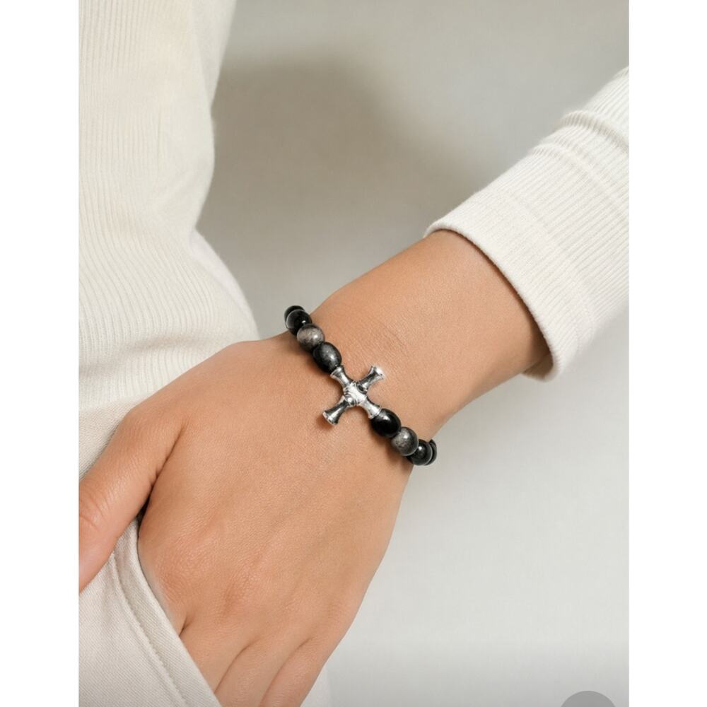 Pomina Black Gray Silver Cross Stretch Bracelet New